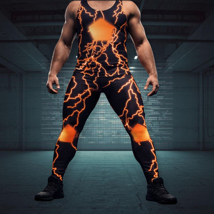 Person wearing a black and orange lightning-themed outfit in a futuristic setting.