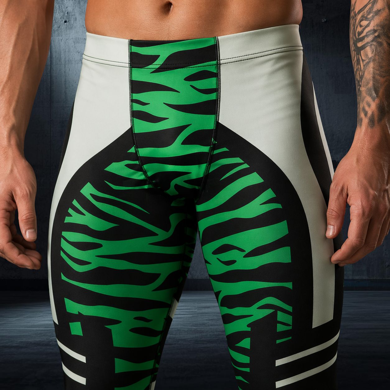 Green and black zebra patterned leggings worn by a person on a dark background - closeup front view