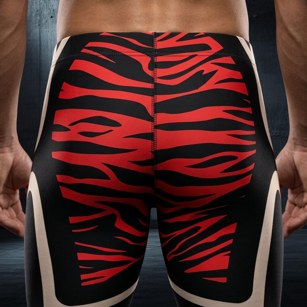 Black and red zebra-striped athletic shorts on a person against a dark background - rear view closeup