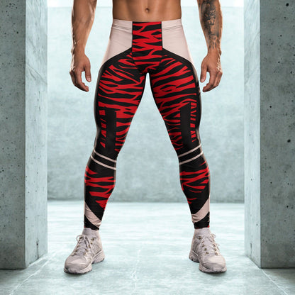 Person wearing red and black zebra pattern leggings in a concrete hallway.