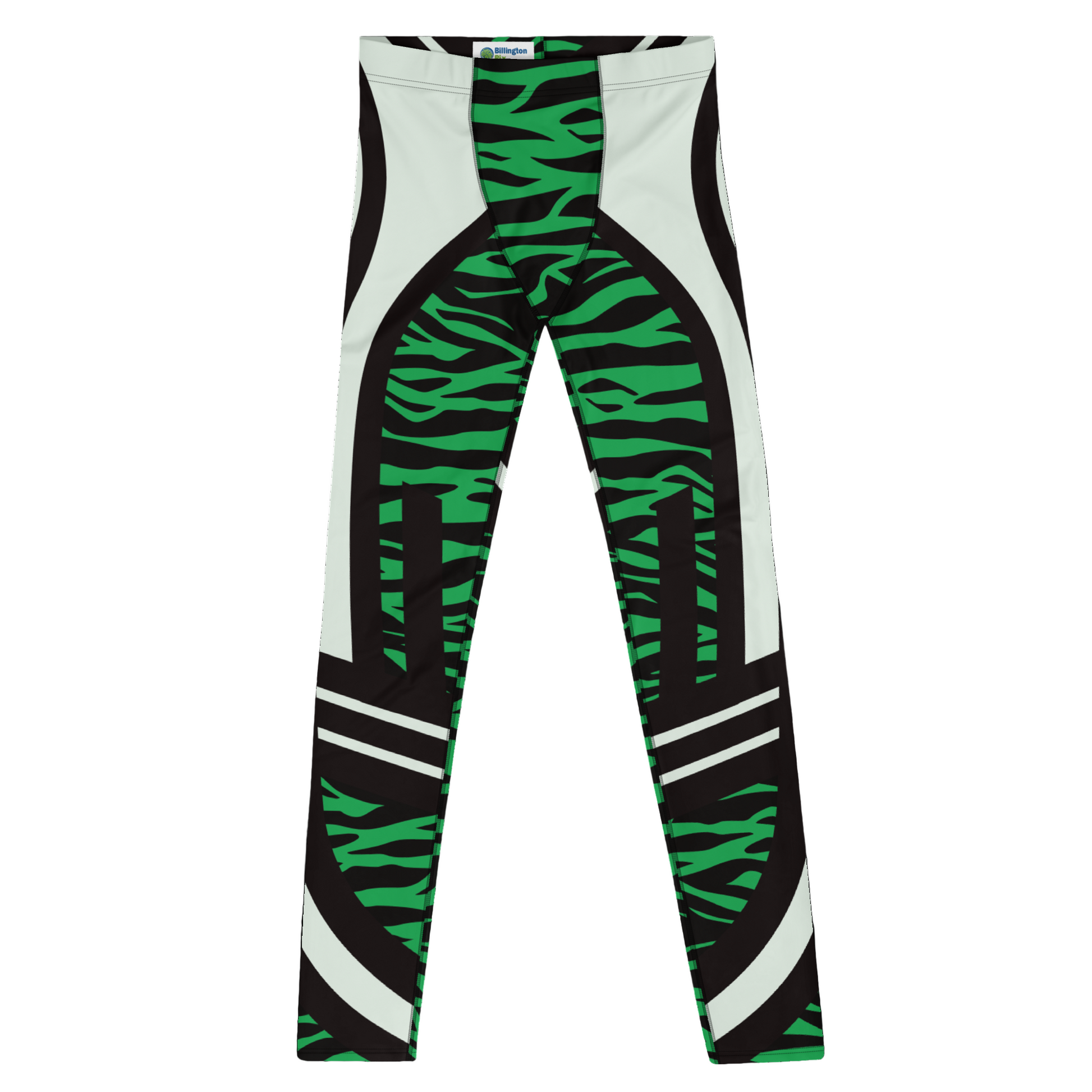 Men's leggings with green and black zebra pattern on a white background