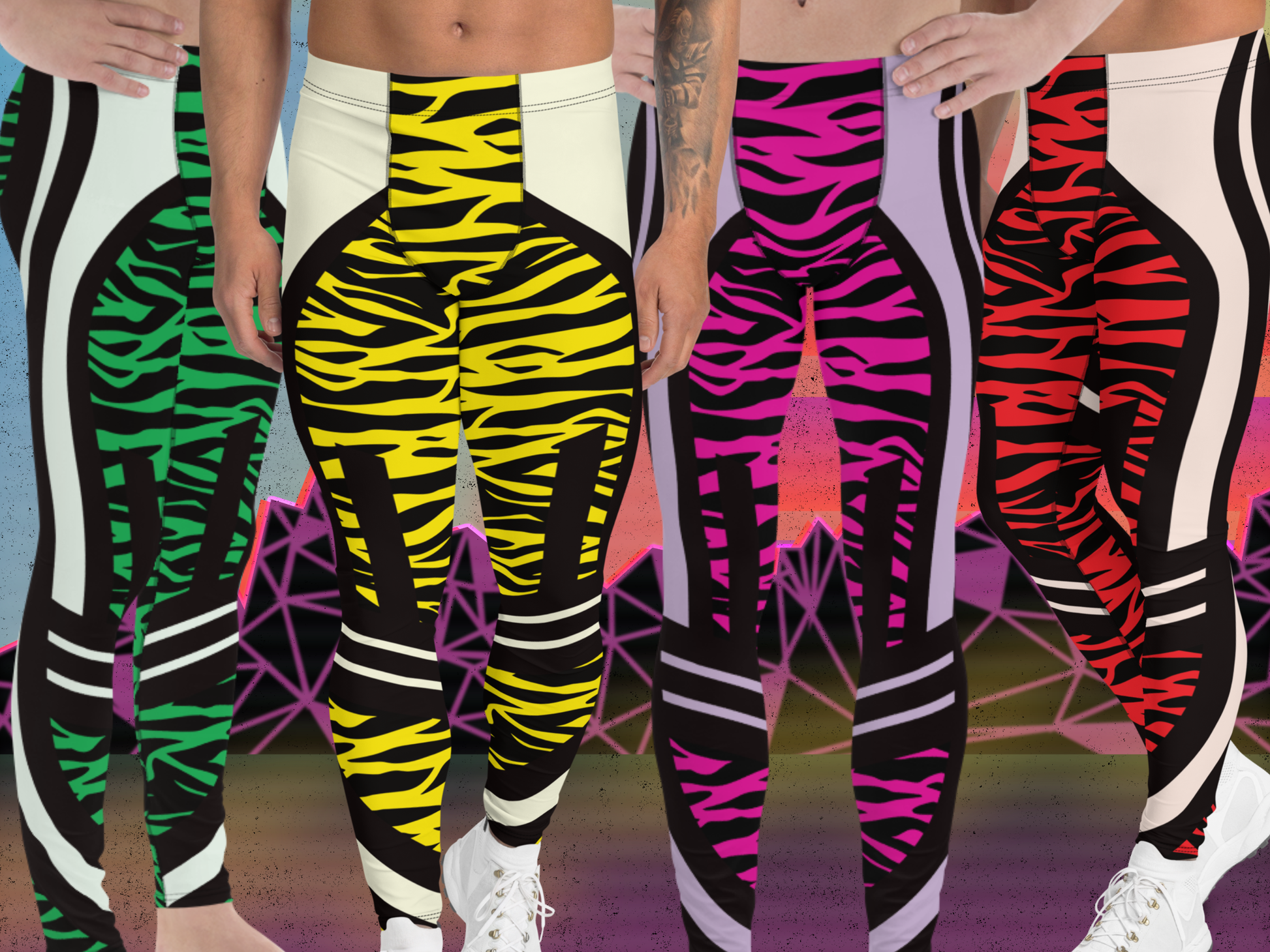 Colorful zebra-striped leggings with a vibrant background