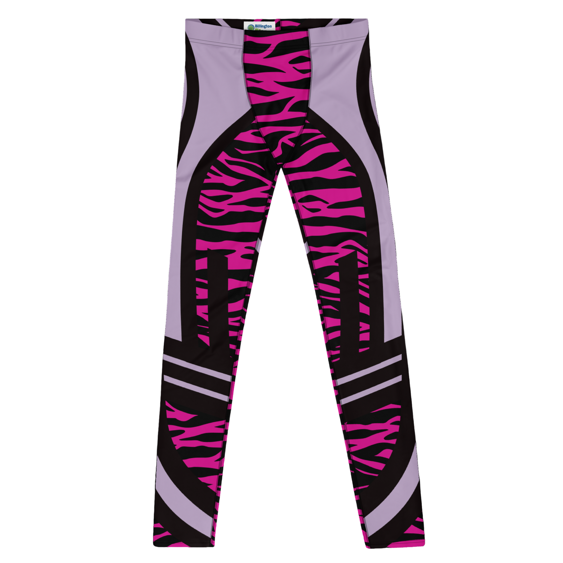 Men's leggings with black, purple, and pink zebra pattern on a white background