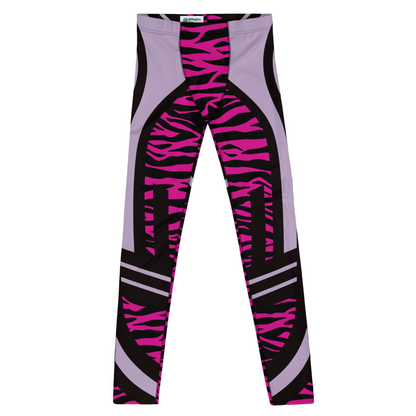 Men's leggings with black, purple, and pink zebra pattern on a white background