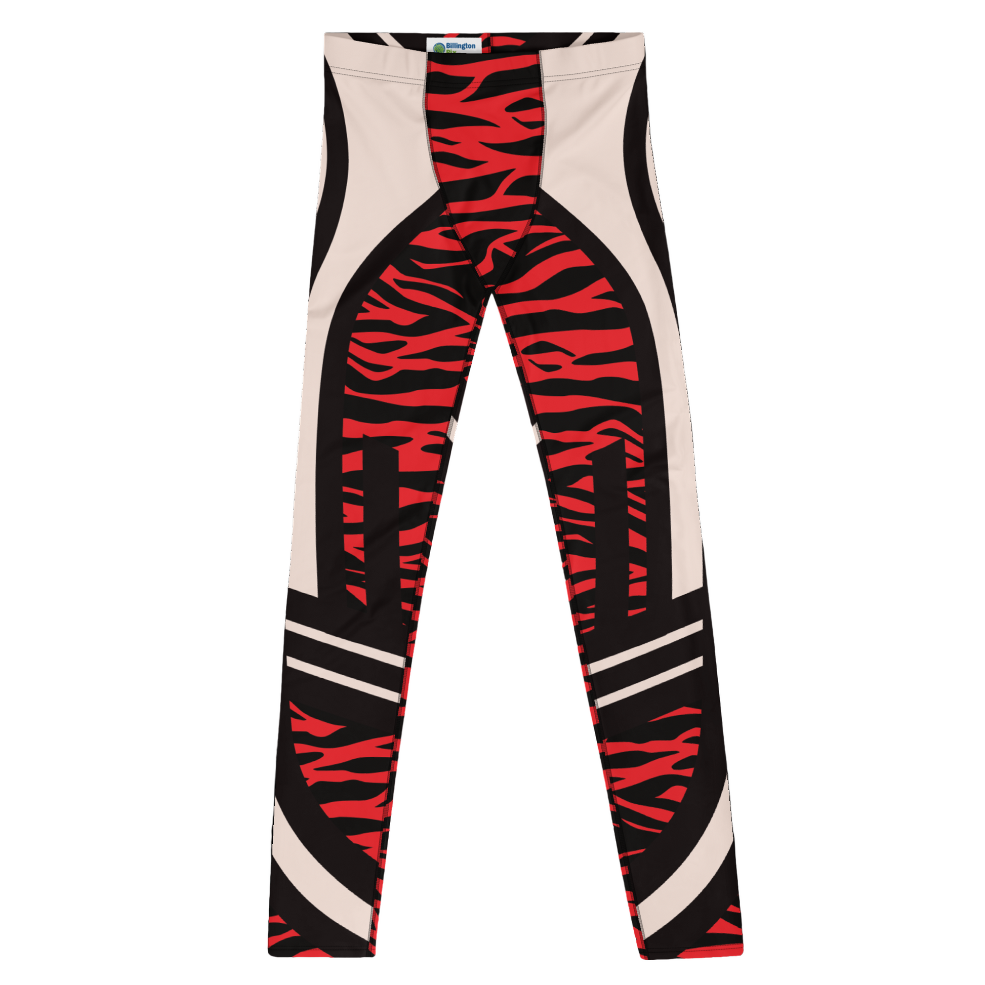 Men's leggings with red and black zebra pattern on a white background