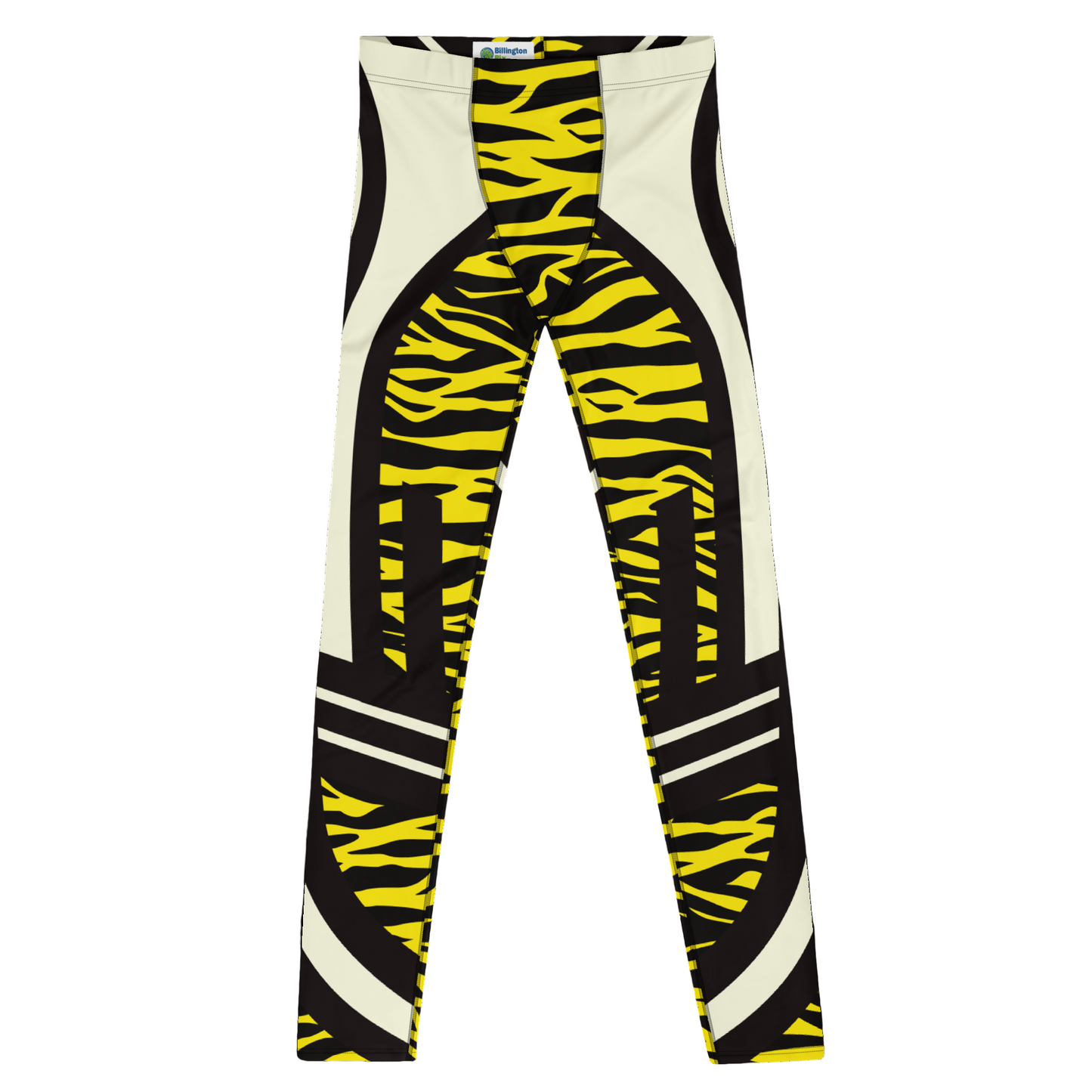 Men's leggings with yellow and black zebra pattern on a white background