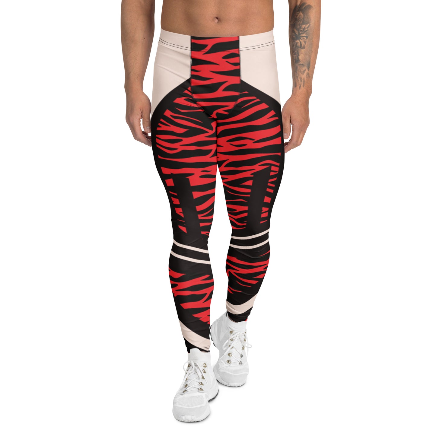 Men's leggings with red and black zebra pattern on a white background. Cosplay activewear by BillingtonPix.