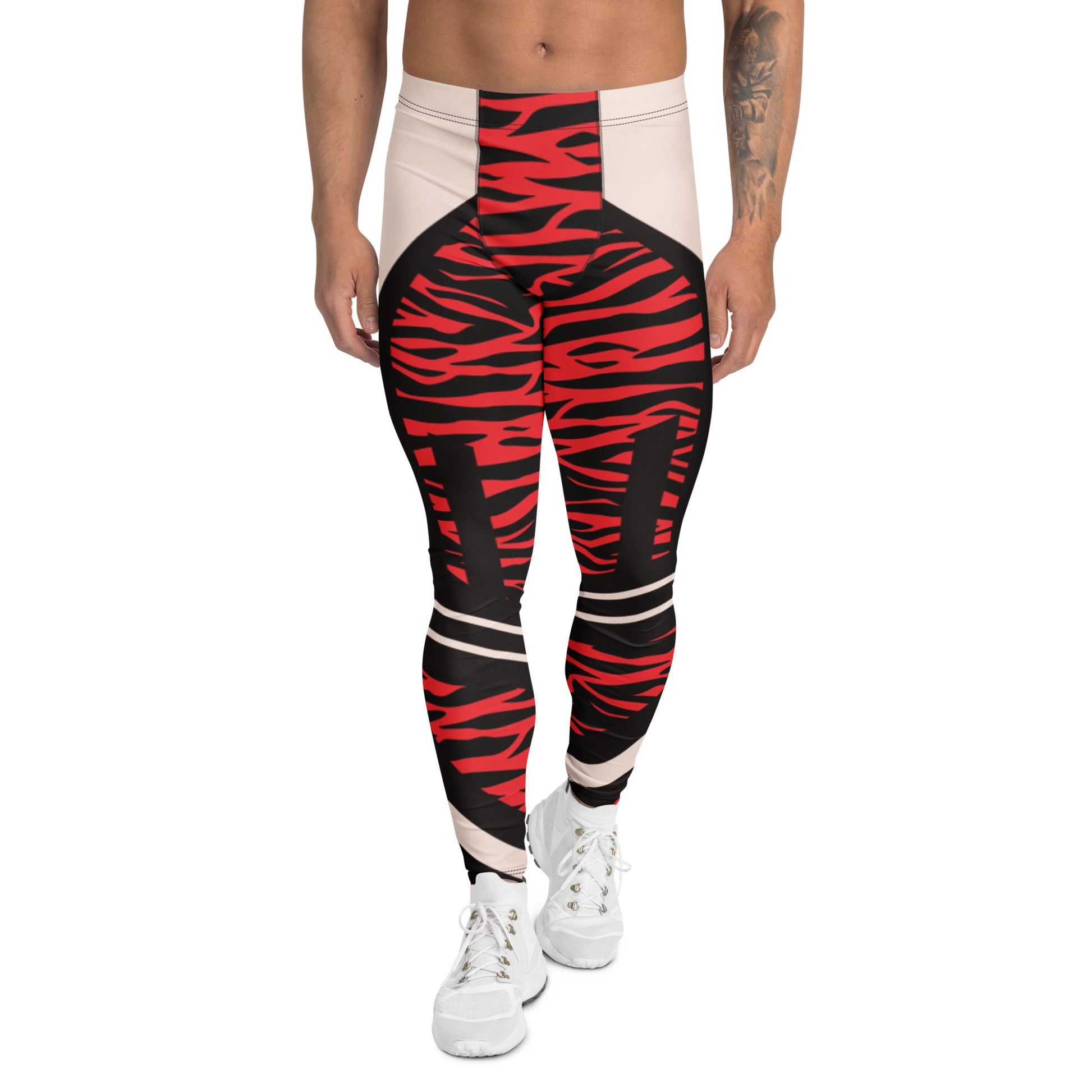 Men's leggings with red and black zebra pattern on a white background. Cosplay activewear by BillingtonPix.
