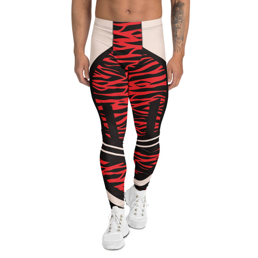 Men's leggings with red and black zebra pattern on a white background. Cosplay activewear by BillingtonPix.
