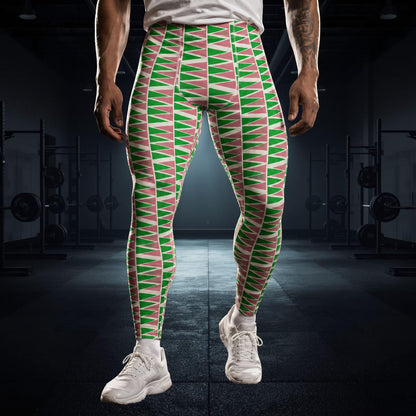 Man wearing athletic leggings in green and salmon geometric pattern