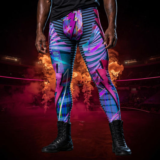 man wearing geometric blue, purple and black wrestling tights with lightning strikes