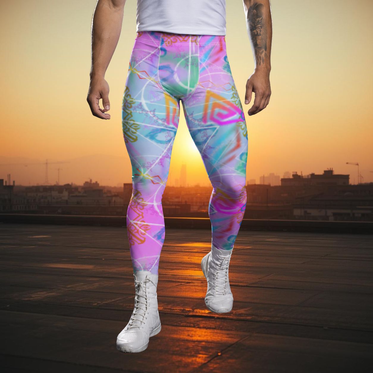 man standing on a Mexican rooftop at sunset wearing luchador inspired wrestling tights in pink and blue with geometric shapes and patterns in synthwave and retrowave style
