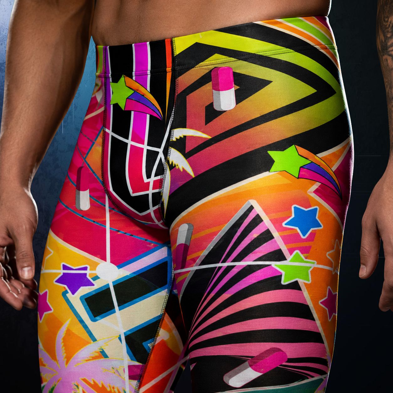 men's leggings in geometric vaporwave design with menhera pills, bold leggings for men in closeup