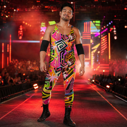 man in wrestling arena wearing bold wrestling gear in geometric pattern with vaporwave menhera style