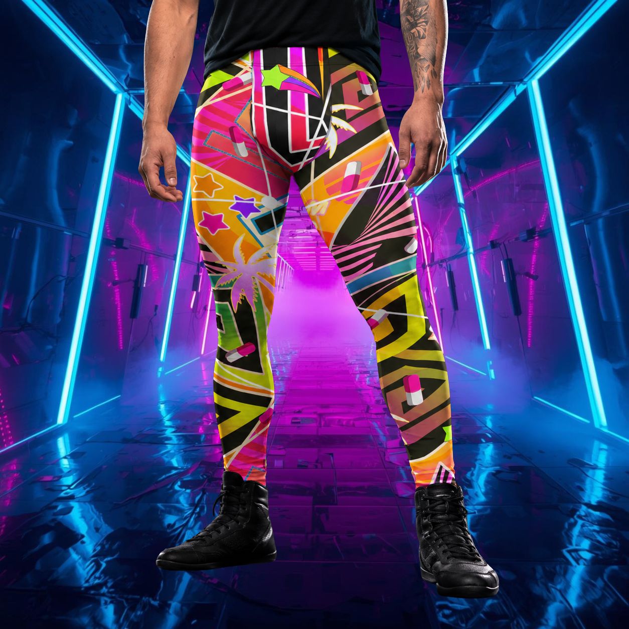 man wearing wrestling tights in disruption energy with vaporwave and menhera style, including pills, stars and palm trees