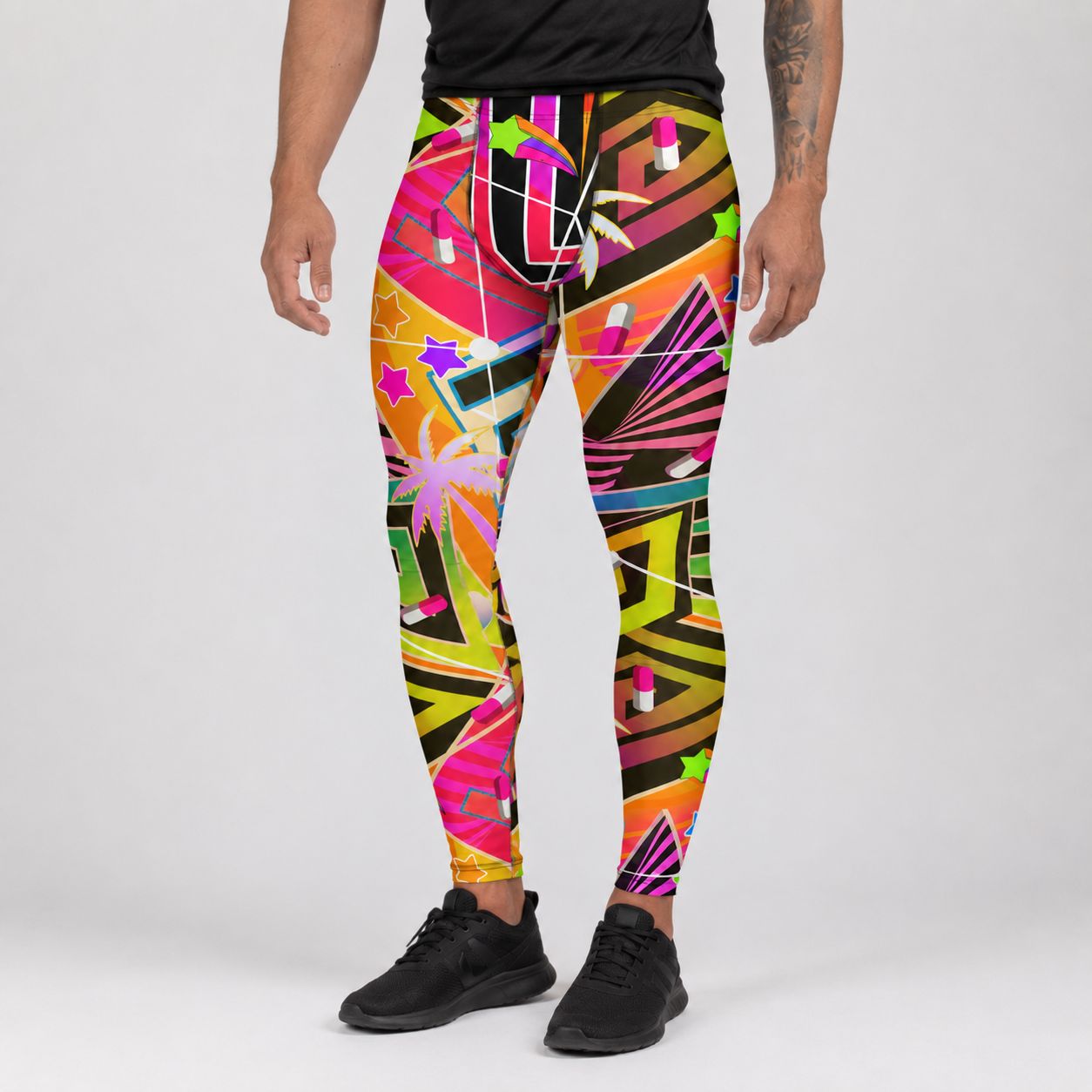 Vaporwave style meggings with Menhera kei vibes. Orange patterned gym leggings for men in a Synthwave and Retrowave graphic with a Christmas Las Vegas theme of neoncore palm trees, signage and stars. Beautiful running tights with geometric pattern and striking colorful design on these compression pants for men by BillingtonPix