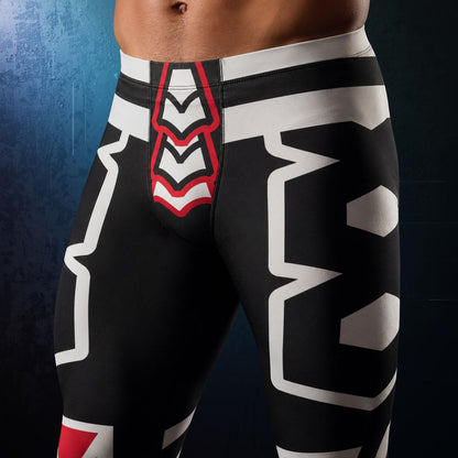men's leggings in closeup of geometric red, white, black design in disruption pro wrestling style