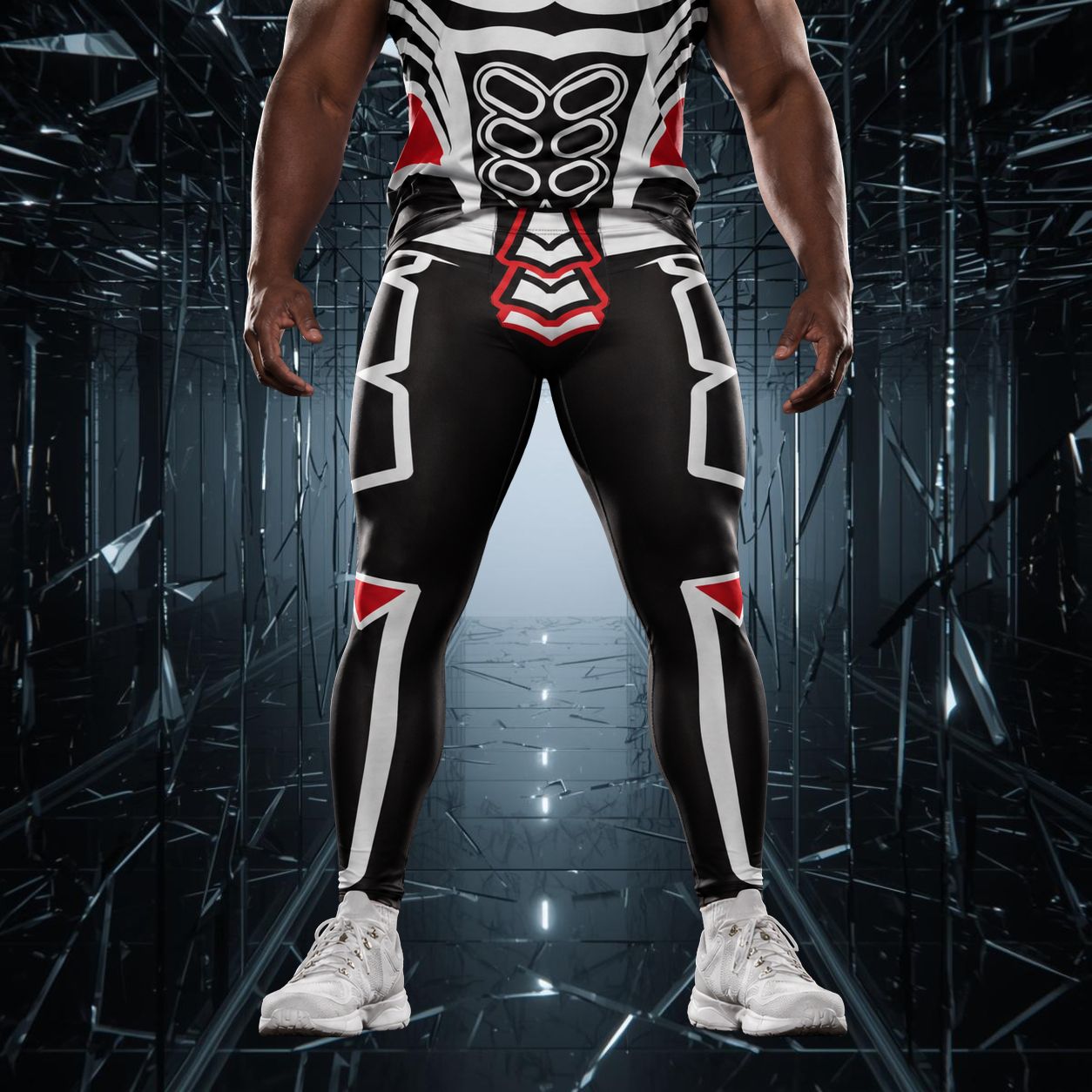 man wearing geometric disruption pro wrestling tights in black red and white with matching tank top