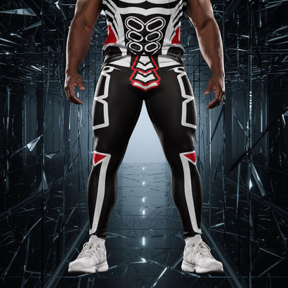 man wearing geometric disruption pro wrestling tights in black red and white with matching tank top