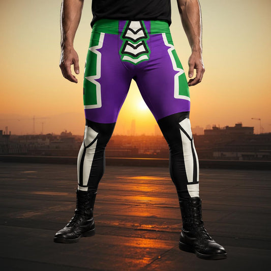 Person wearing a purple and green lucha libre wrestling tights with printed bones on the front shins and  with a vibrant Mexican sunset in the background