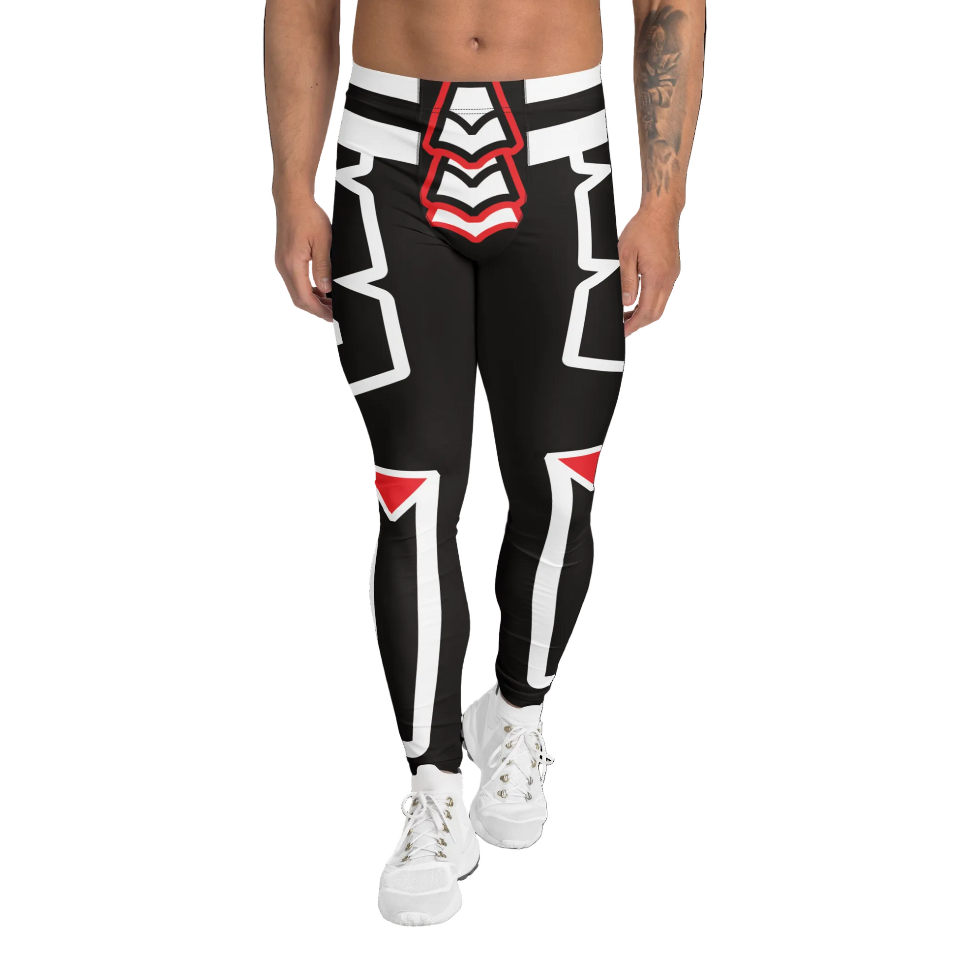Person wearing black leggings with white and red geometric patterns on a white background