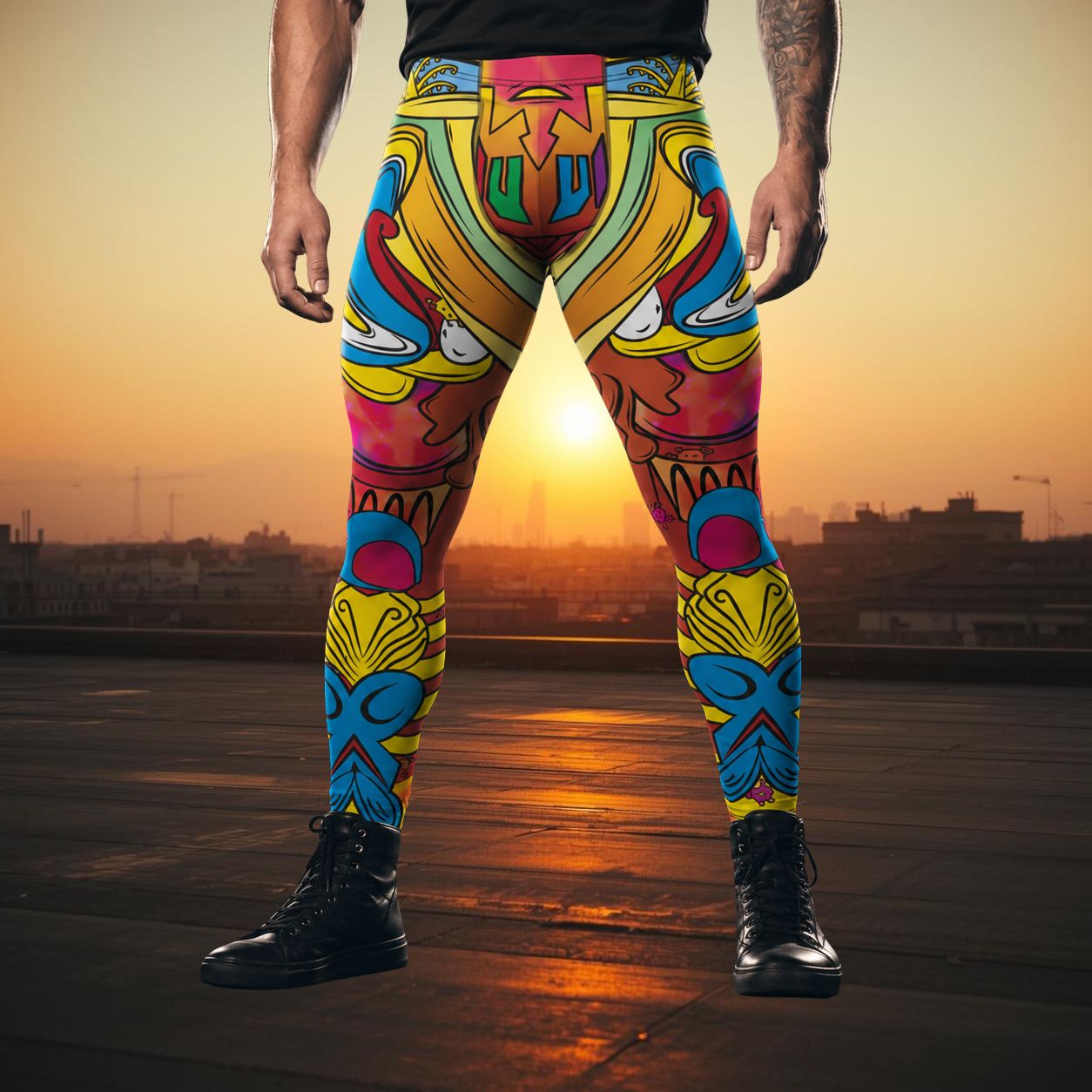 Person wearing colorful lucha libre wrestling tights with a sunset background on a Mexican City roof top