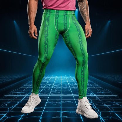 Person wearing green fashion leggings in a watermelon rind pattern