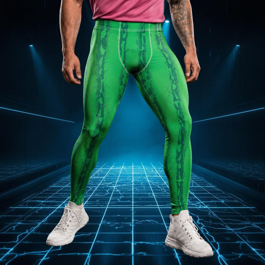 Person wearing green fashion leggings in a watermelon rind pattern