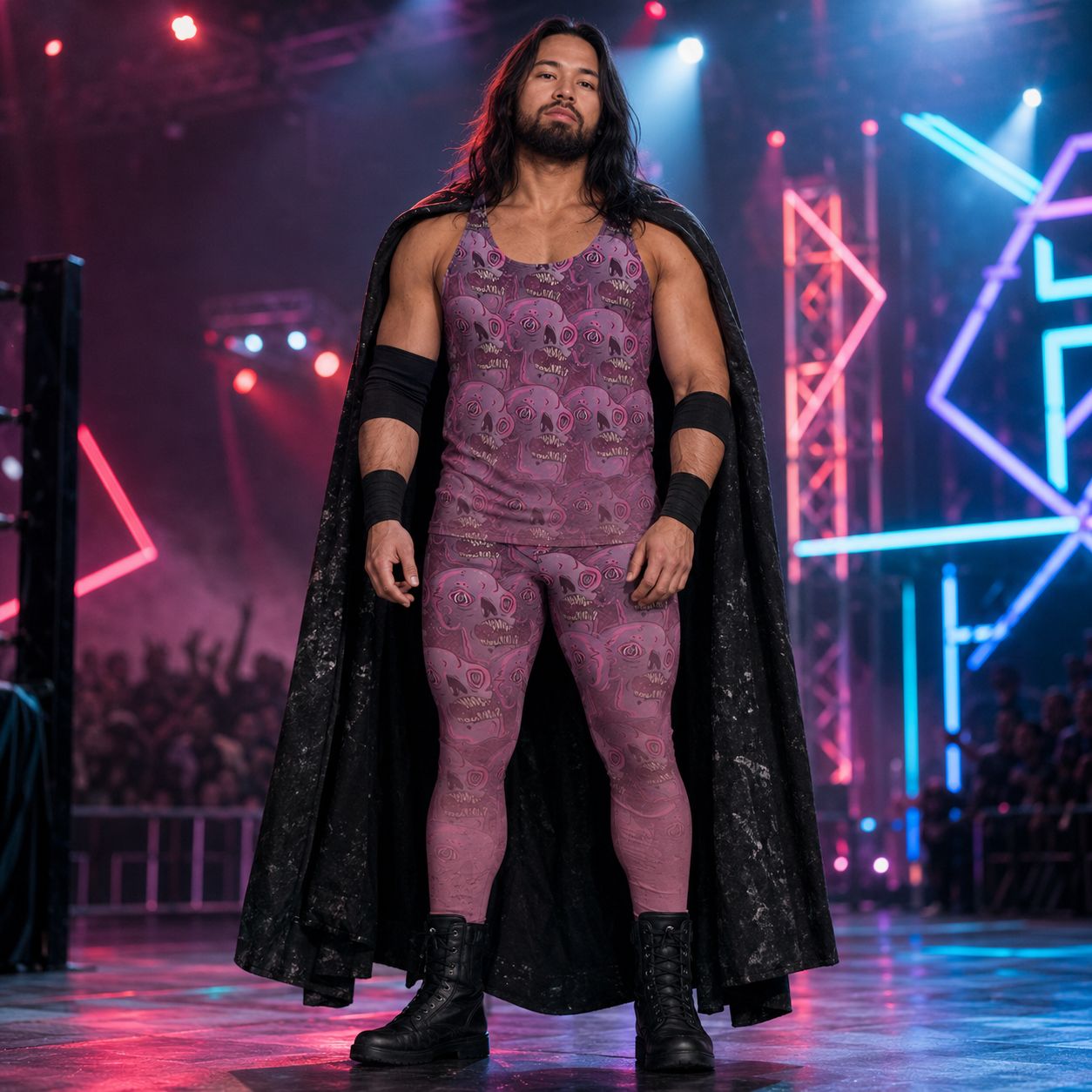 man standing at wrestling arena wearing matching tank top and leggings with pink weirdcore skulls pattern
