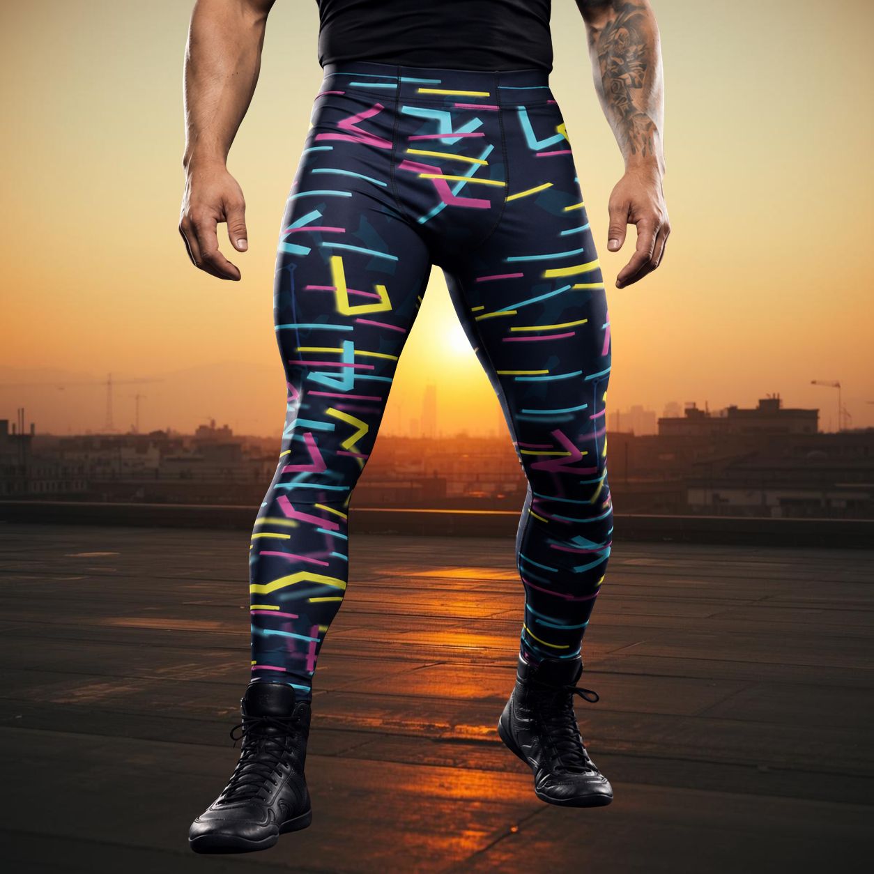 man wearing luchador wrestling tights in neon glitch design in cyan and magenta standing on top of a building in Mexico at sunset