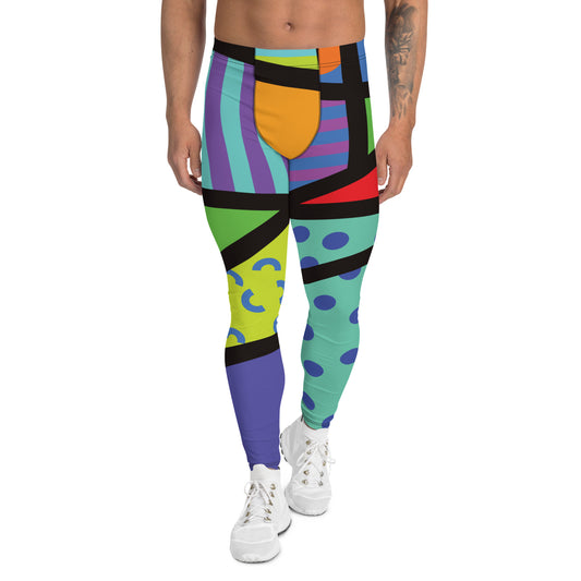 Men’s Neoncore Memphis geometric leggings in bold 80s color blocks and abstract shapes.