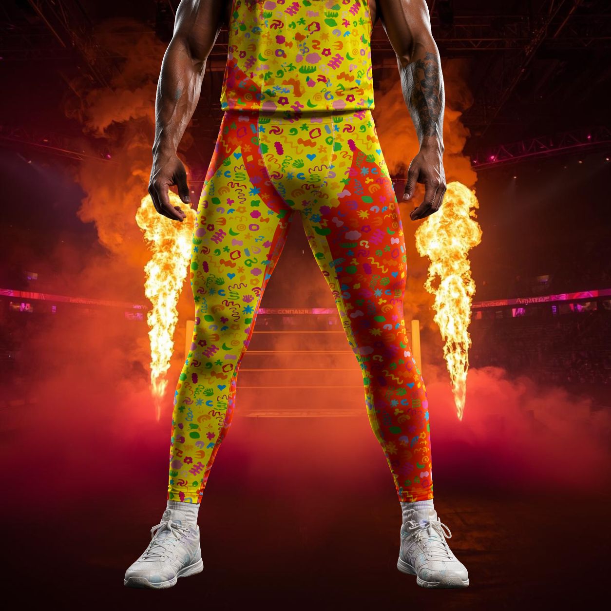 Person wearing bold patterned wrestling pants in retro style with flames on a dark background