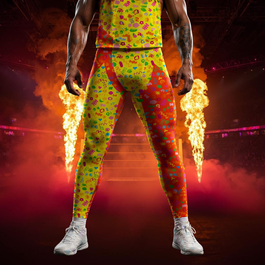 Person wearing bold patterned wrestling pants in retro style with flames on a dark background