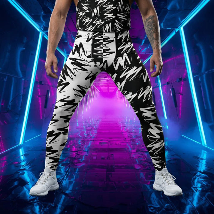 Male model wearing black and white geometric wrestling leggings