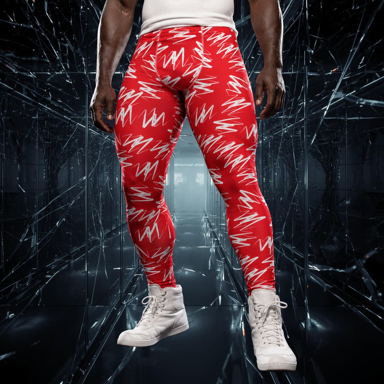 Man wearing orange leggings with white zigzag design