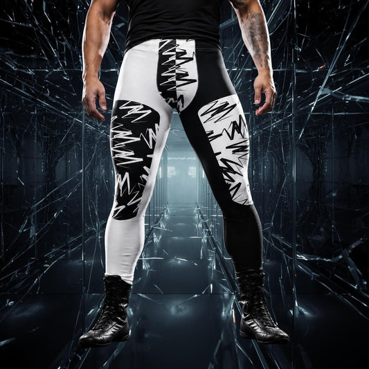 men's leggings with insets containing zigzags in black and white