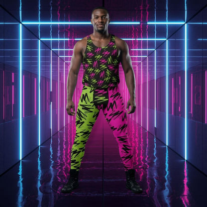 Person wearing a colorful outfit in a futuristic, neon-lit corridor.