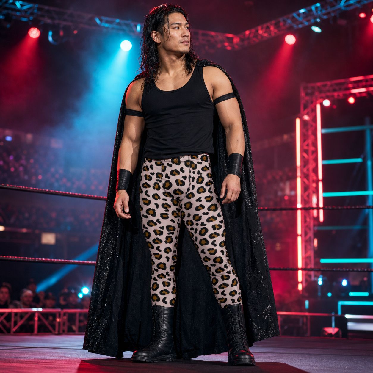man standing in wrestling arena wearing brown leopard print wrestling tights with black cape