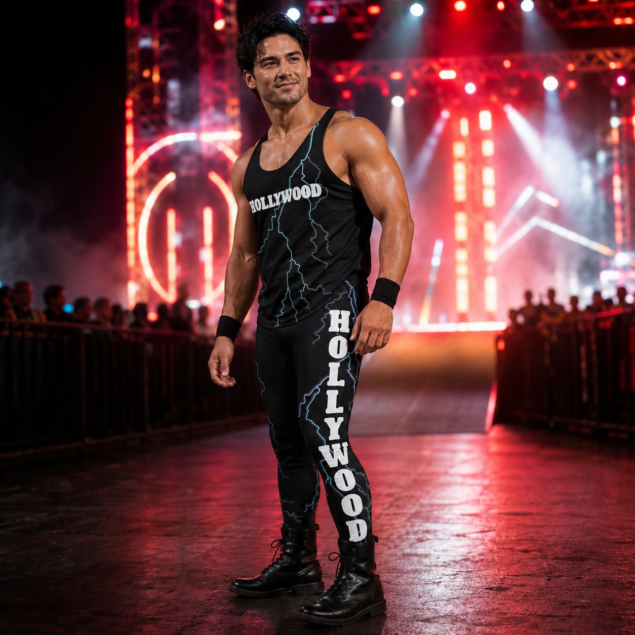 Man in wrestling arena wearing  matching Hollywood outfit consisting of black tank top with blue lightning and the slogan Hollywood written across the chest and matching wrestling pants with lightning bolt and the slogan Hollywood written vertically.