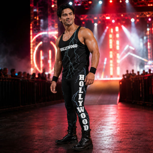 Men's Lightning King wrestling cosplay bundle - black Hollywood tank top and matching lightning tights - BillingtonPix