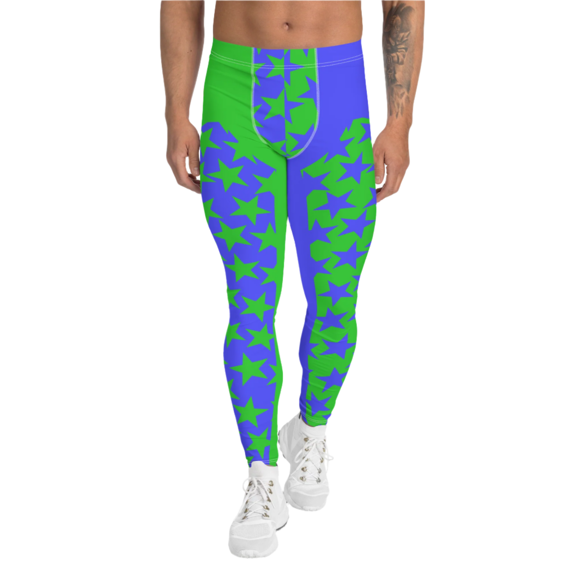 Men's lucha libre leggings in green and blue with inset alternate stars at the front. Pro wrestling tights, NFL American football gear or festival rave outfit with ankle length legs and mid rise elasticated waist band.