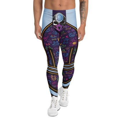 Men's lucha libre inspired leggings with futuristic masked wrestler design and bold neon graphic pattern
