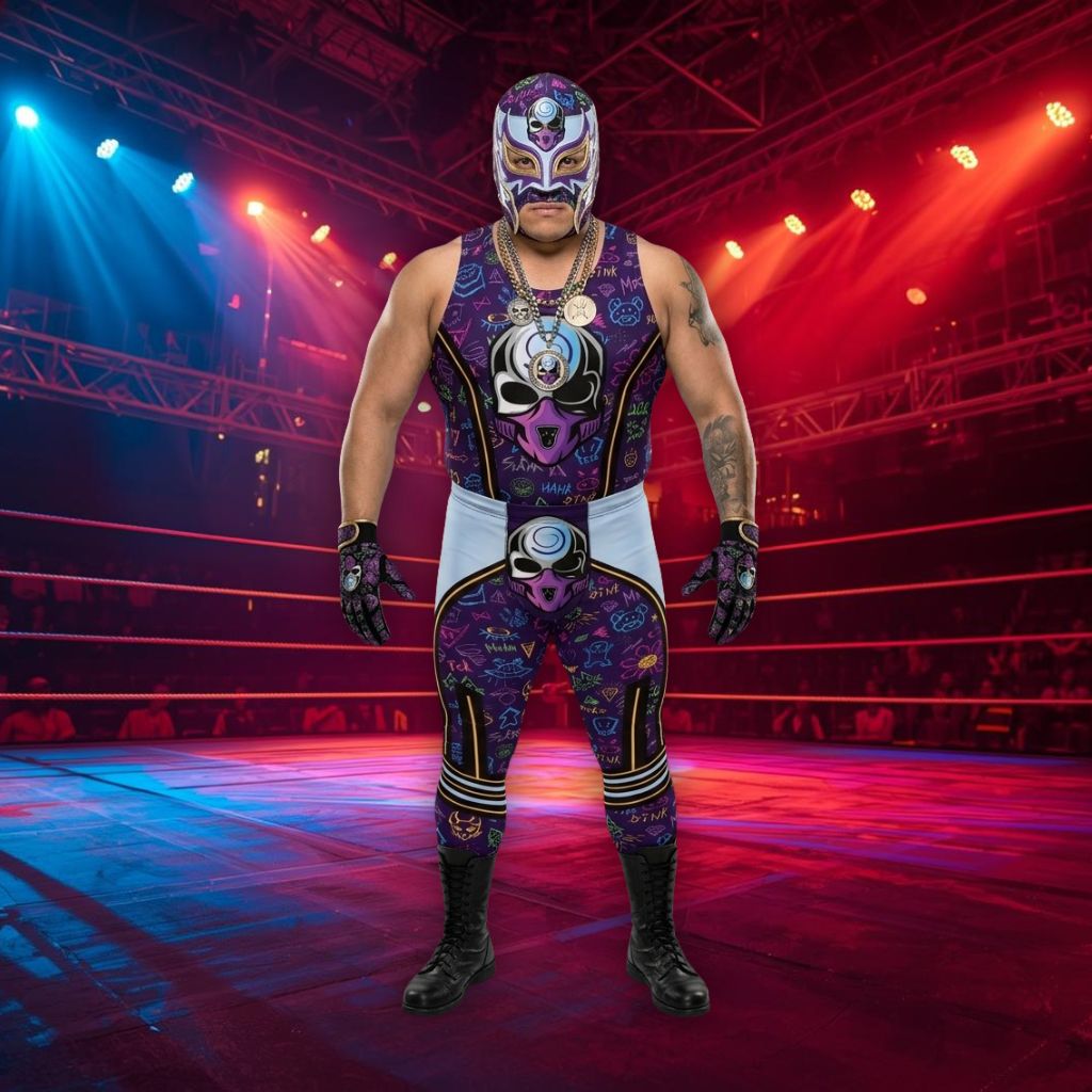 Person in colorful lucha libre wrestling outfit and mask standing in a wrestling ring with red and blue lights.