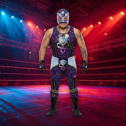 Person in colorful lucha libre wrestling outfit and mask standing in a wrestling ring with red and blue lights.