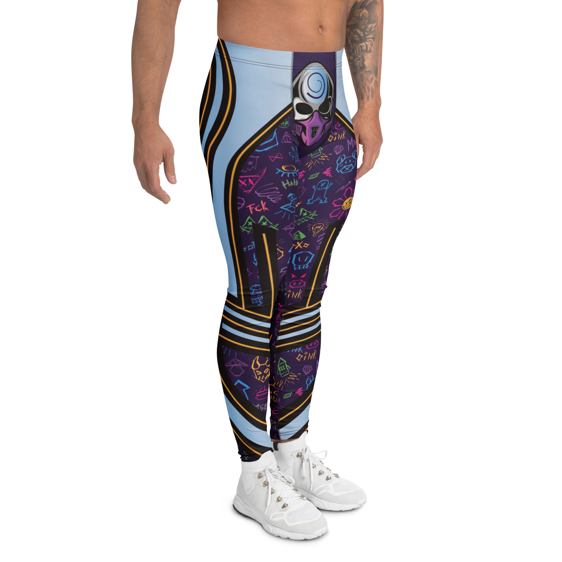 Men's leggings in bold lucha libre style in navy and rainbow Memphis design for festivals including Burning Man, wrestling fans, and expressive athletic fashion.
