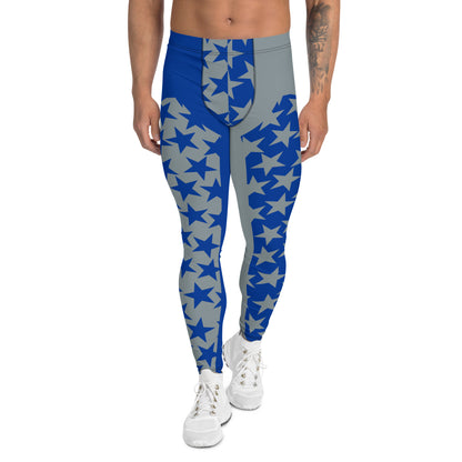 Men's leggings in blue and silver with inset alternate stars at the front. NFL American football gear with ankle length legs and mid rise elasticated waist band.