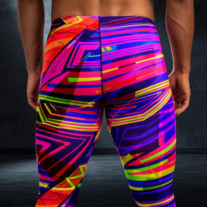 Colorful geometric-patterned leggings worn by a person on a dark background