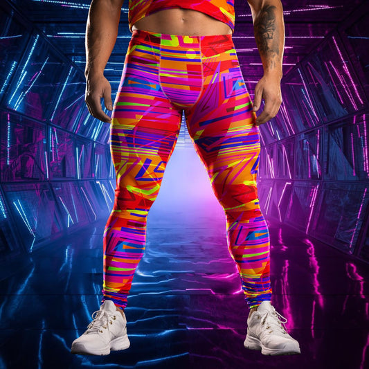 Person wearing colorful striped edm rave leggings with a futuristic background