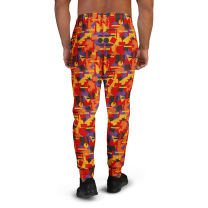 Colorful geometric-patterned pants worn by a person on a white background