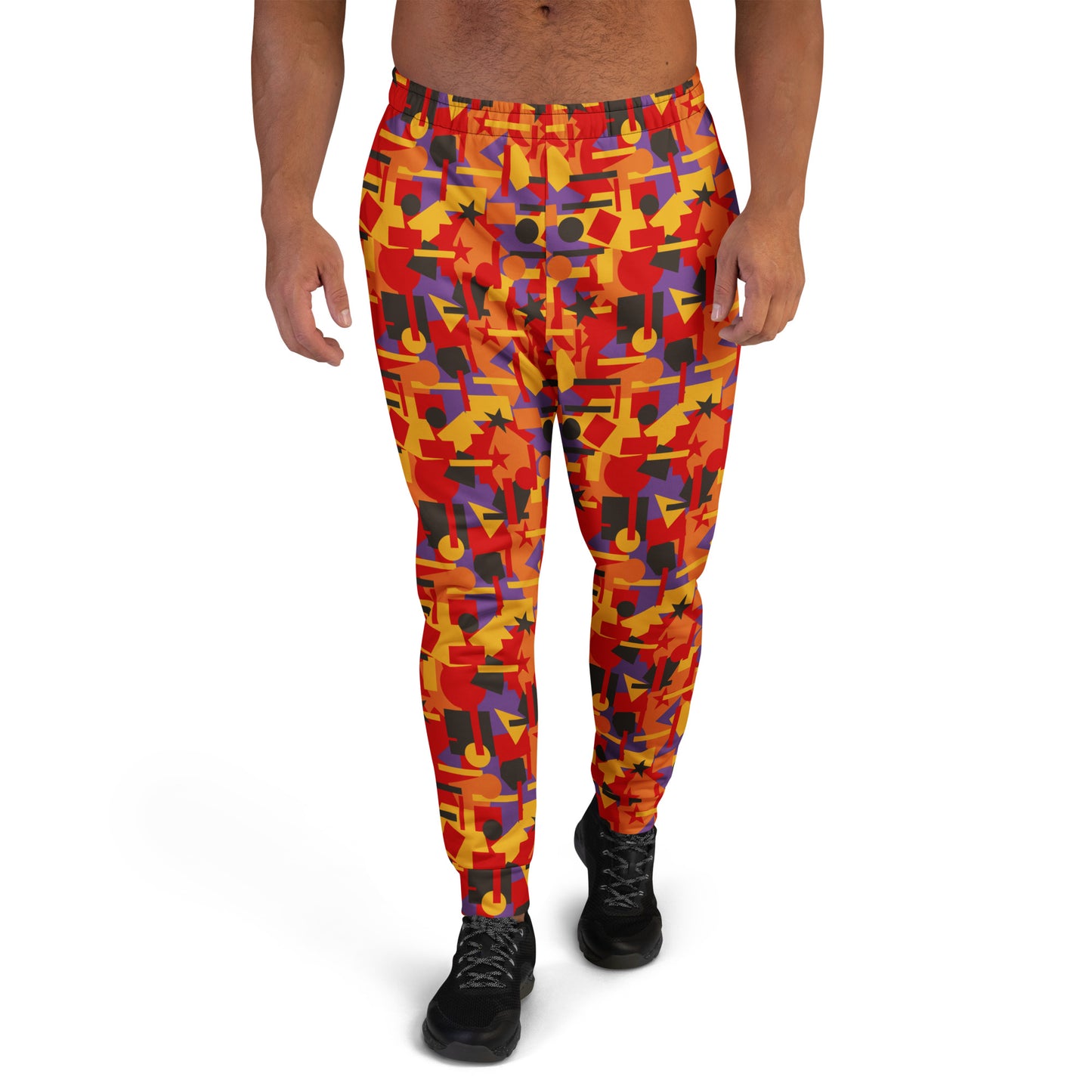 men's geometric orange joggers in a retro 80s Memphis style - front view